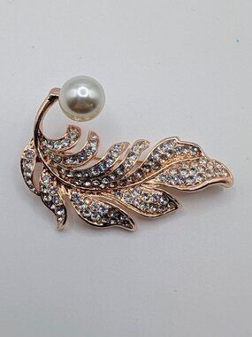 Vintage Pave Gold-Tone Feather Brooch and a Single Faux Pearl